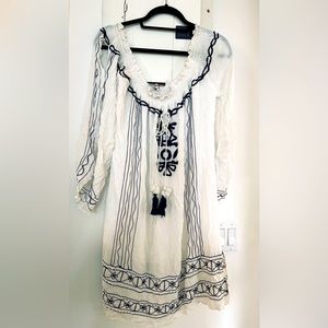 White and blue detailed cover up with open sleeves and pearl details